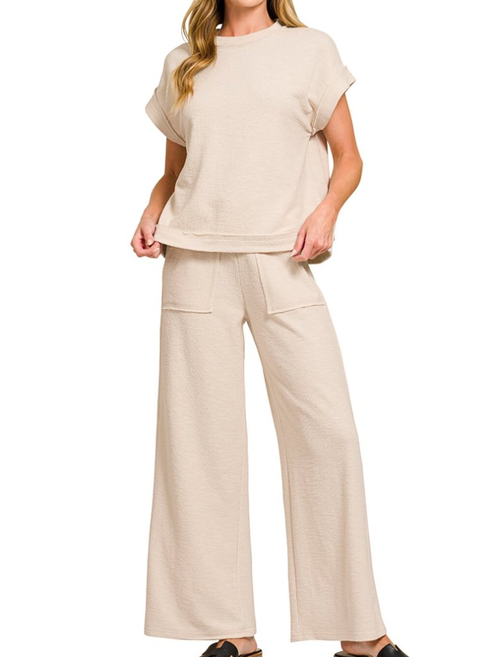 Slub Short Sleeve Tee & Long Pants Set in Sand Beige